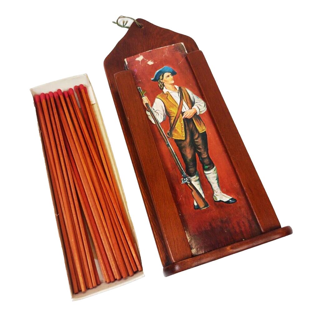 Vintage Wooden Long Matchstick Holder Wall Mount Fireplace Colonial Soldier 11"